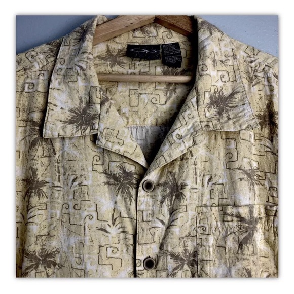 Shirt Hawaiian OP SPORT Geometric Palm Trees Muted Colors Tan Yellow Size XL - Picture 3 of 10